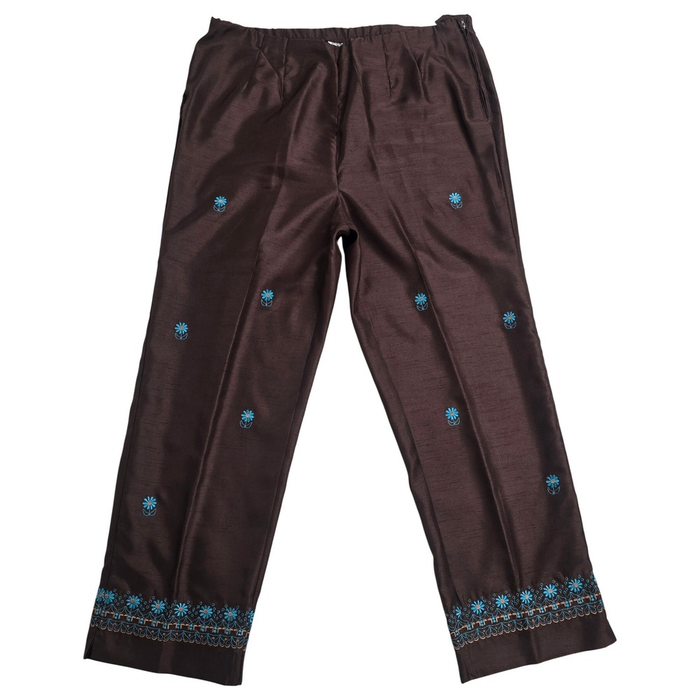Prophecy Dress Brown Embroidered Faux Silk Pants Floral Straight Leg Size 18